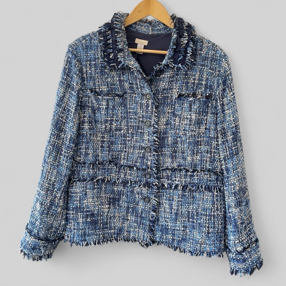 Chico's Blue Tweed Fringed Blazer